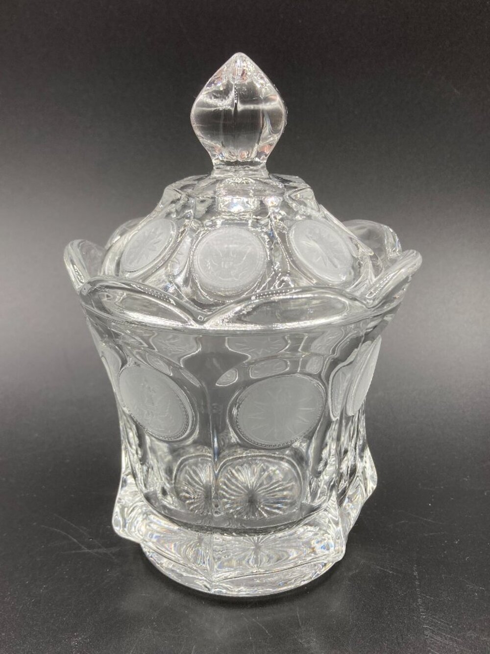 Vintage Fostoria Glass Coin Dot #1372 Covered Candy Jar Sugar Bowl 6.5" Tall